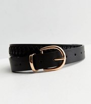 New Look Black Leather-Look Gold Buckle Belt